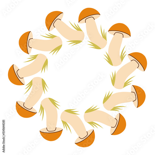 Mushroom circle frame. Round border made of fall mushrooms. The mushrooms have different shapes and are arranged in a circle. Vector flat isolated on white background.