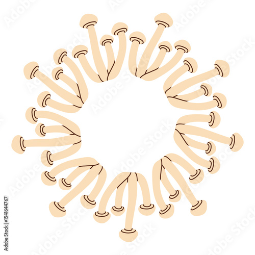Mushroom circle frame. Round border made of fall mushrooms. The mushrooms have different shapes and are arranged in a circle. Vector flat isolated on white background.