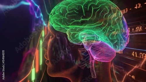Digital human head with glowing brain and neural waveforms in futuristic ai concept of mind technology and neuroscience