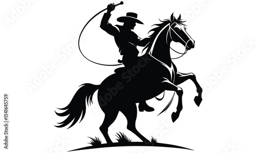 Silhouette of a cowboy riding a horse and cracking a whip