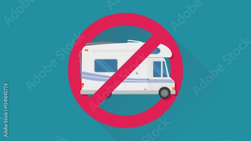 Appearance of crossed out red circular prohibition symbol on a camper van on blue background with long shadow in flat design style