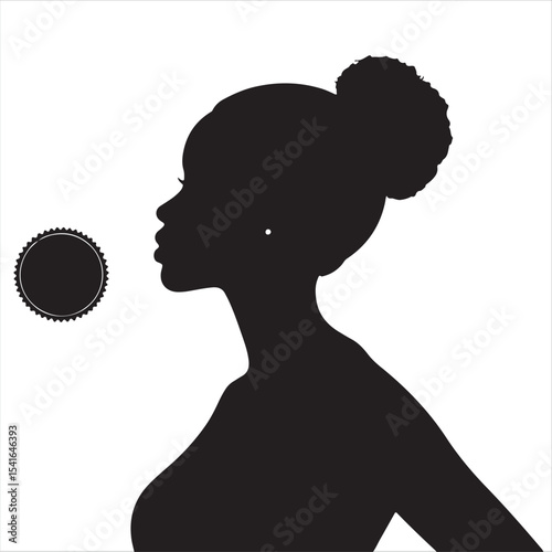 A fine art professional photograph depicting a classic black and white vector silhouette of an African woman on a white background. 