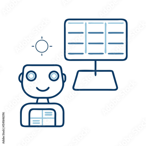 Icon of an AI robot managing a solar energy system, highlighting the integration of technology and sustainability.