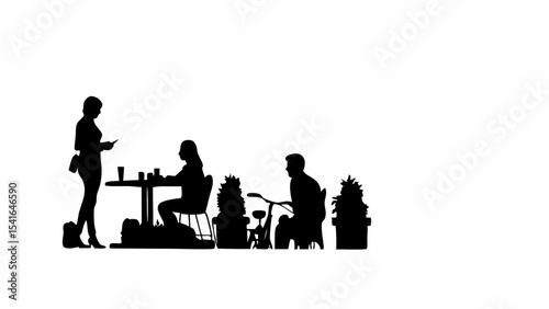 Silhouette of people at outdoor cafe with waiter, customers, plants and bicycle in black and white style created with generated ai