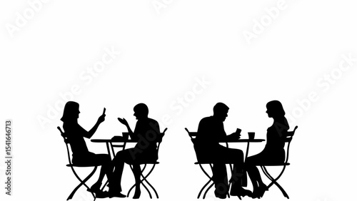Silhouette of two couples at outdoor cafe tables with phones and drinks in black and white style created with generated ai