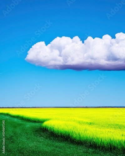 Bright Yellow And Green Field Under A Puffy White Cloud And Blue Sky