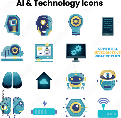 Digital brain and innovation icons set for tech interfaces and platforms