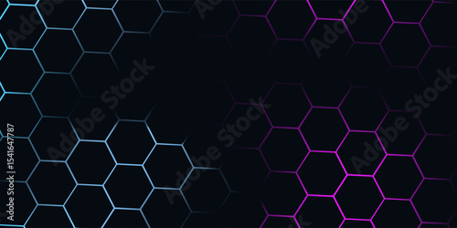 Dark hexagon abstract technology background with blue and pink colored bright flashes under hexagon. Hexagonal gaming vector abstract tech background