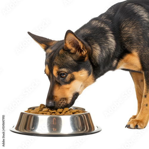 Dog eating pet food from feeding bowl isolated on white or transparent background. PNG