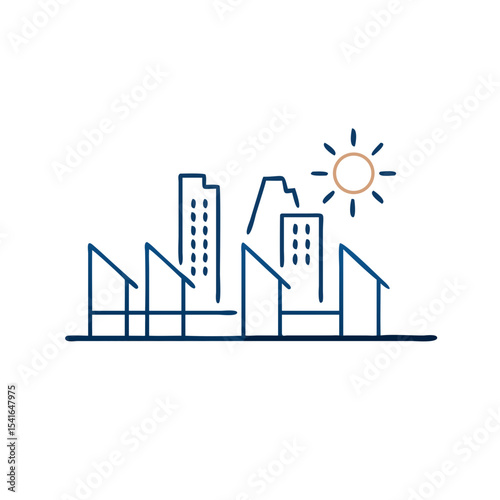 Icon of an eco-friendly city with solar panels representing sustainable urban development and renewable energy