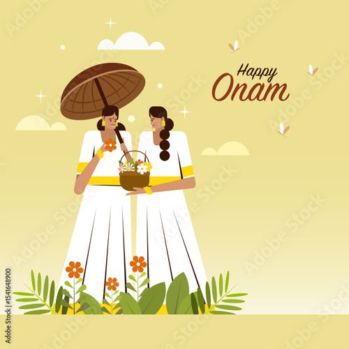 Young women collecting flowers in a basket. Concept of Onam festival in Kerala
