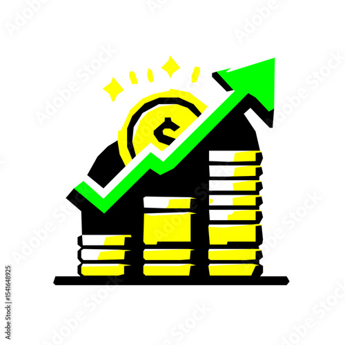 Rising stacks of coins with a green upward arrow and star, signifying strong financial growth.