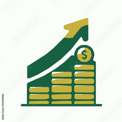 Stacks of coins with an upward-pointing arrow and chart, showing financial growth.