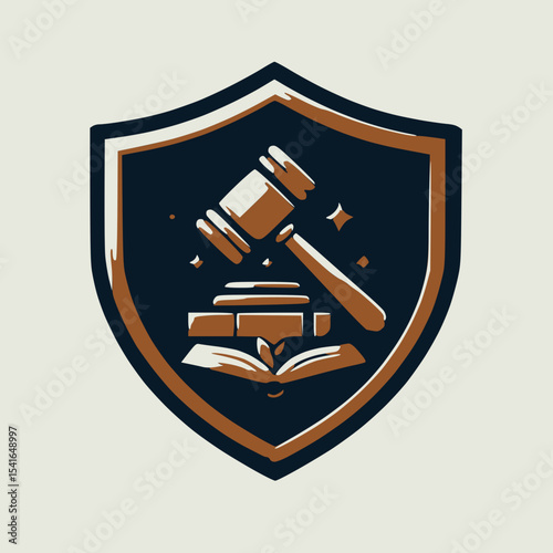 A shield with a gavel and stacked books, signifying legal expertise or justice system.