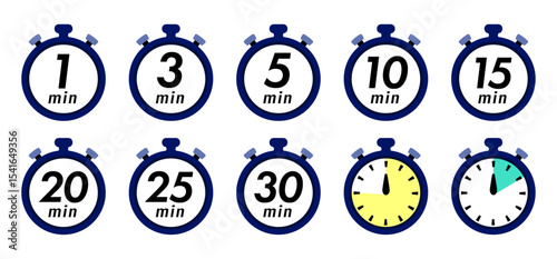 残り時間を表示するタイマー/ストップウォッチ/時計のアイコンイラストデザインセット(timer clock stopwatch 1min 2min 3min 4min 5min 6min 7min 8min 9min 10min 15min 20min 25min 30min 残り時間 シンプル アイコンイラスト ベクター 編集可能 紺)