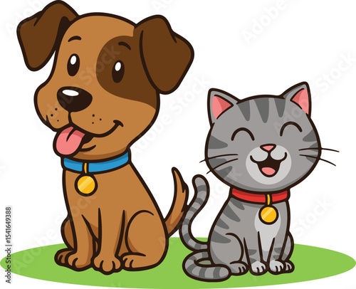Cute Cartoon Dog and Cat Vector – Happy Pets Sitting Together Illustration