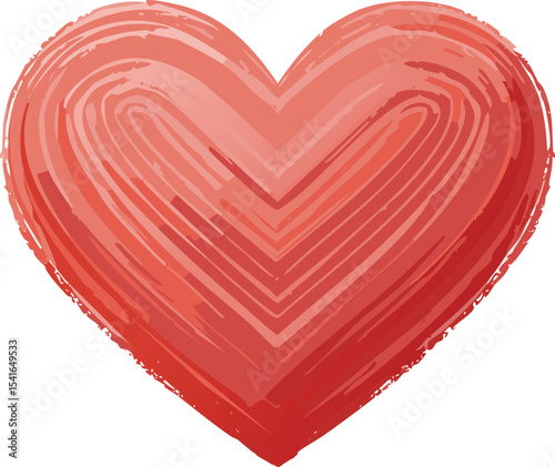 Provide a highly detailed description of the red crayon heart in the image. Focus on its texture, the strokes of the crayon, the shading (or lack thereof), and how the color red is presented