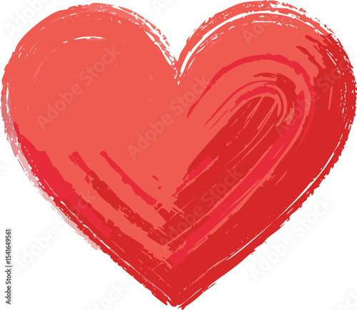 Provide a highly detailed description of the red crayon heart in the image. Focus on its texture, the strokes of the crayon, the shading (or lack thereof), and how the color red is presented