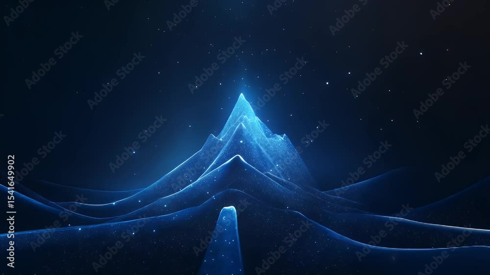 Mountain peak with blue geometric design, under starry night sky