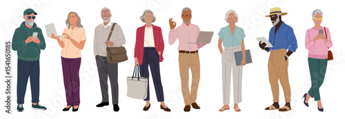 Vector set of diverse modern senior people in smart casual clothes, using phone, tablet, and laptop. Includes African American men and women. Isolated on transparent background