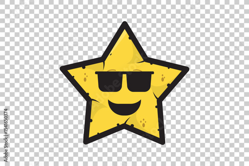 Vector illustration of yellow cartoon star emoticon character with expressive face on transparent background  