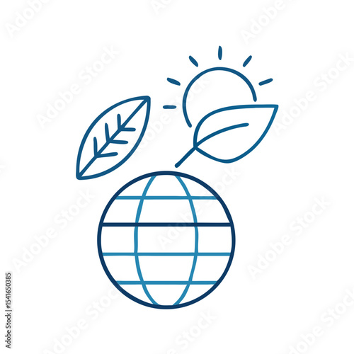 Icon depicting the concept of clean energy with a globe, solar panel, and eco-leaf, emphasizing global sustainability and environmental responsibility