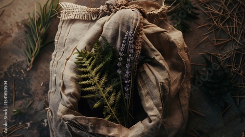 A light beige fabric bag filled with various plants and flowers.
