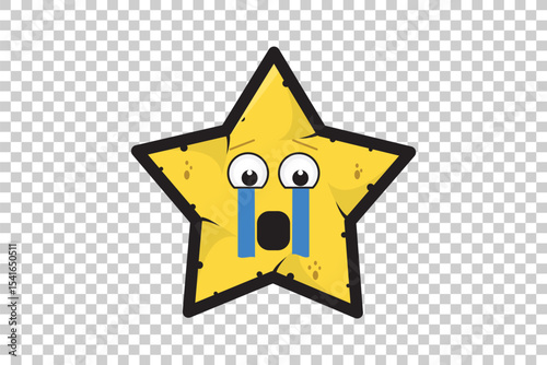 Vector illustration of yellow cartoon star emoticon character with expressive face on transparent background  