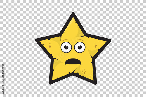 Vector illustration of yellow cartoon star emoticon character with expressive face on transparent background  