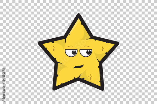Vector illustration of yellow cartoon star emoticon character with expressive face on transparent background  