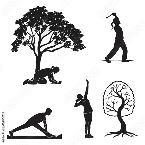 Silhouetted individuals engaging in yoga, stretching, and exercise activities next to trees