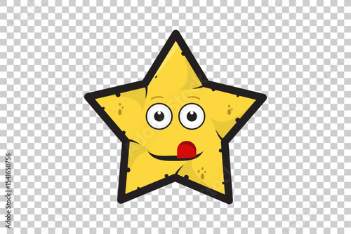Vector illustration of yellow cartoon star emoticon character with expressive face on transparent background  