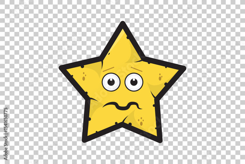 Vector illustration of yellow cartoon star emoticon character with expressive face on transparent background  