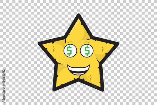 Vector illustration of yellow cartoon star emoticon character with expressive face on transparent background  