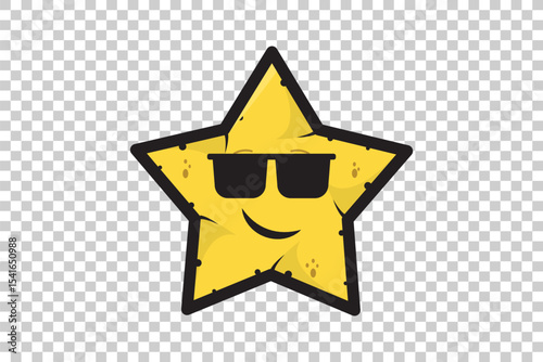 Vector illustration of yellow cartoon star emoticon character with expressive face on transparent background  