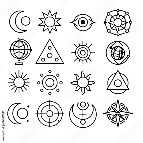 A versatile set of vector icons featuring diverse symbols like flowers, stars, gears, and decorative elements in a round, black art style