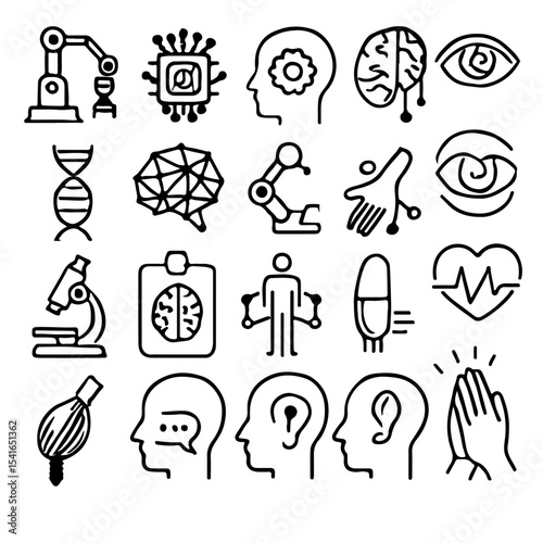 Hand-drawn vector icon set collection with doodle medical and food illustrations