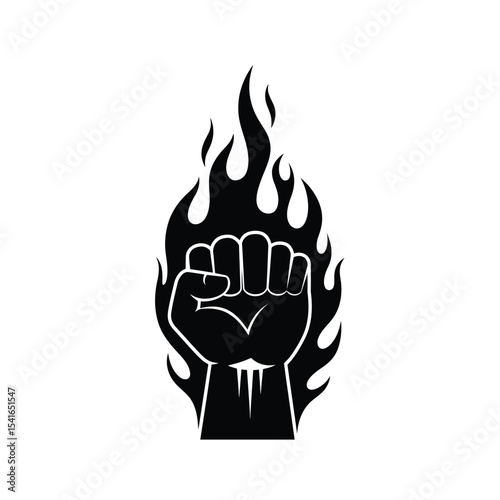 Black Silhouette Vector Fist in Flames White Background