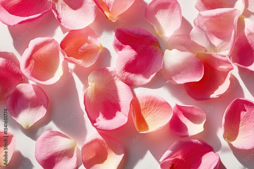 Obraz premium Fresh pink rose petals scattered on a light background for decorative purposes