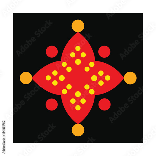 Abstract red flower with yellow dots and orbs design on a black background