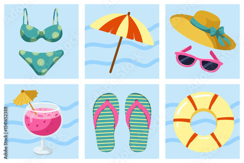 Hello Summer. Set of summer icons with swimsuit, cocktail, umbrella, balon, hat and slippers. Vector images in flat style