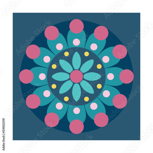 Geometric floral mandala design featuring vibrant colors and decorative artistic elements on dark background