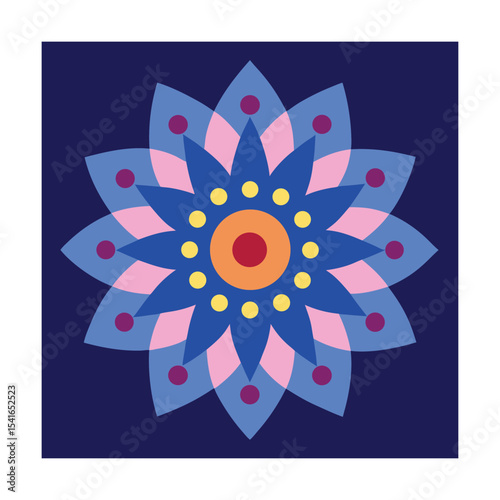 Abstract geometric flower design in vibrant colors with overlapping petals on dark blue background