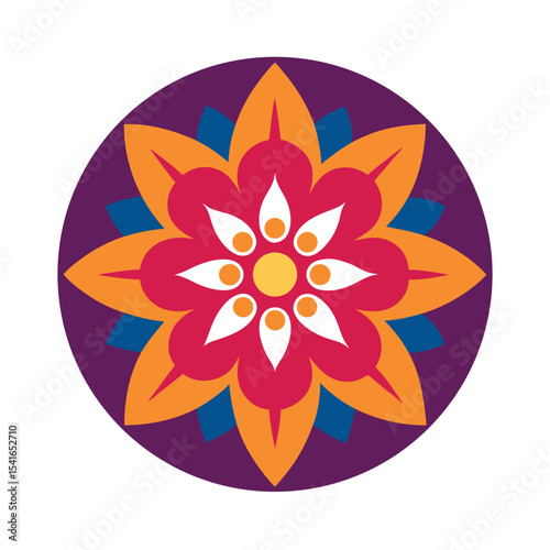 Vibrant colorful floral mandala design with intricate petal arrangement in circular purple background