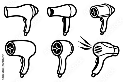 Six Hair Dryer Icons, Black and White Line Art
