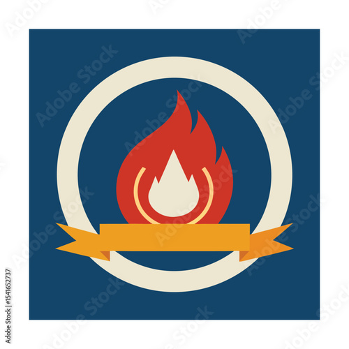 Flame emblem with a banner in a circular frame against a deep blue background