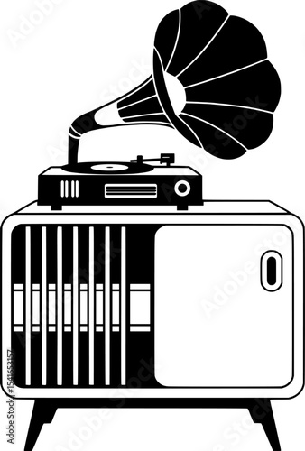 Bold black silhouette of vintage record player with horn, ideal for retro designs, music themes, home decor, and creative projects