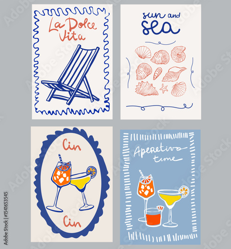 Set of hand drawn vintage posters in dolce vita style. Contemporary art vector illustrations. Vintage vector print. Print for t-shirt. Trendy minimalist posters. Coctail party. Printable.	
