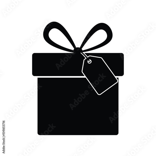 Black Silhouette Gift Box Vector Icon Ribbon Tag White Background