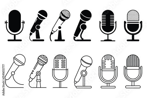 Set of flat voice icons and recording studio symbols featuring retro microphone logos, editable vector templates suitable for many uses, isolated on transparent background

